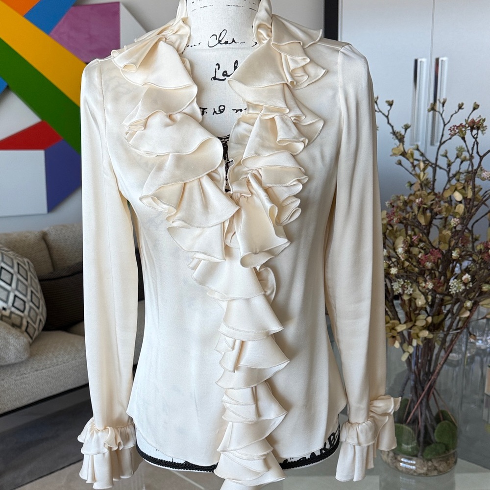 Tory Burch Ivory Silk Charmeuse Ruffled Blouse - Picture 2 of 8